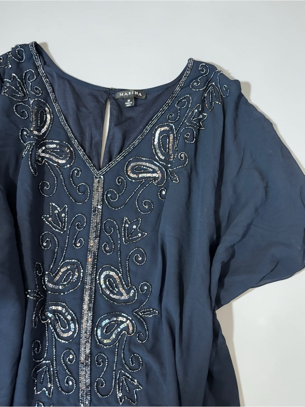 Marina Navy Sheer Beaded Sequin Tunic Top Bedazzled Y2K Glam M - Picture 2 of 12
